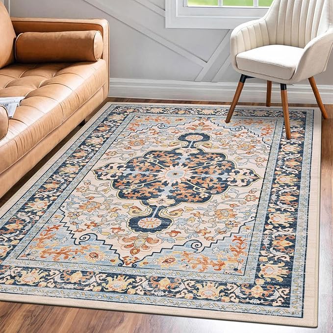 U'Artlines Boho Vintage Area Rug 3x5 Machine Washable Low Pile Soft Floor Carpet Non Slip Non Shedding Accent Rug for Living Room Bedroom Entryway Dining Room Office Orange Blue