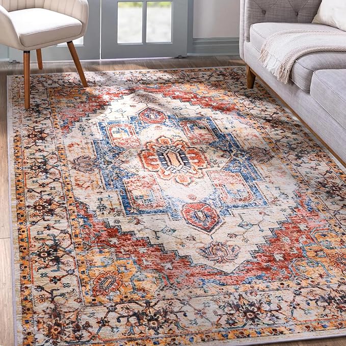 YJ.GWL Area Rug for Living Room, 3x5 Machine Washable Boho Rug for Bedroom, Low Pile Lightweight Thin Rugs Floral Vintage Distress Print Pattern Carpet for Dining Room Kitchen, Orange