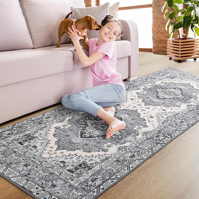Noahas Grey Hallway Runner Rug 2x6,Vintage Machine Washable Kitchen Runner Area Rugs with Rubber Backing Non Slip Print Carpet for Hallways,Entryway,Laundry Room,Bathroom,Home Decor