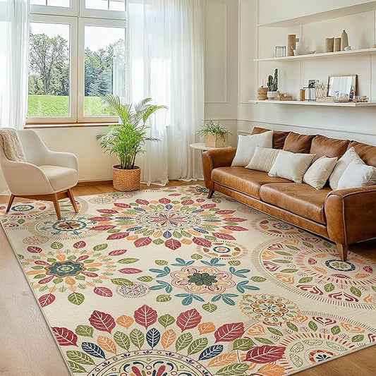 Bavni 5x7 Area Rugs, Floral Machine Washable Rug Non Slip, Modern Printed Thin Living Room Rugs, Stain Resistant Rugs for Bedroom, Dining Room, Beige Red