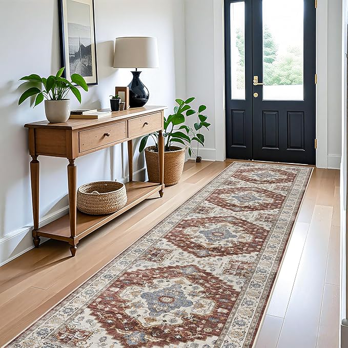 Washable Kitchen Runner Rug 3x12: Rus for Hallway Non Slip Water Resistant Light Weight Carpet for Bathroom Living Room - Long Ultra Soft Runners - Bedroom Floor Decor for Home (3x12,Brick)