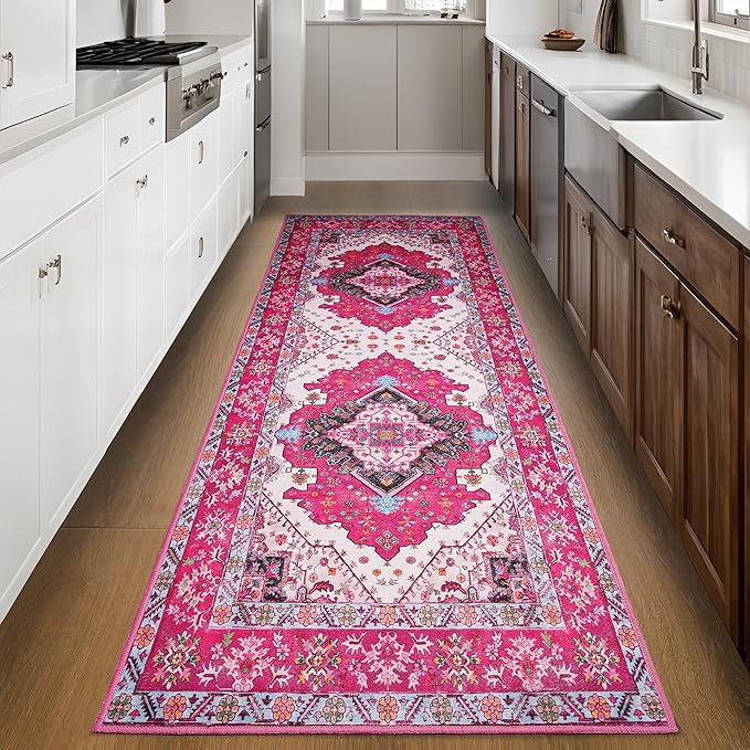 Noahas Hot Pink Hallway Runner Rug 2x6,Vintage Machine Washable Kitchen Runner Area Rugs with Rubber Backing Non Slip Print Carpets for Bedroom Girls,Entryway,Laundry Room,Bathroom,Home Decor