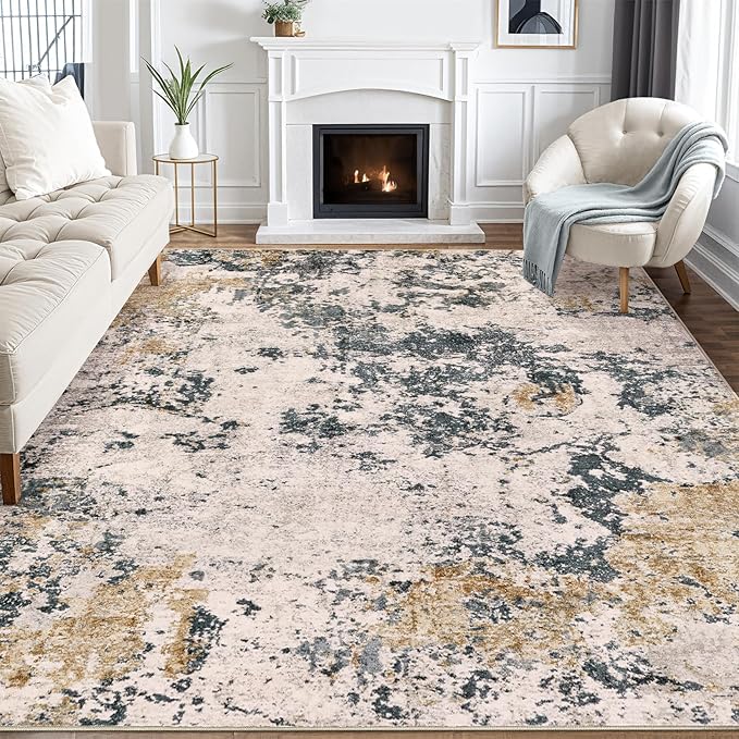 Area Rugs for Living Room: 6x9 Abstract Washable Rug Large Soft Stain Resistant Non-Slip Backing for Bedroom Dining Room Indoor Home Office Carpet for Kids Pet Friendly Families - Grey Gold