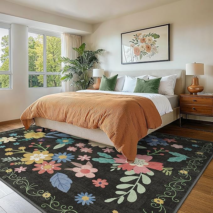 Bavni 4x6 Rugs for Living Room, Lightweight Machine Washable Non Slip Area Rug, Foldable Floral Rugs for Bedroom Dining Room Kids Room, Ultra-Thin Aesthetic Boho Black