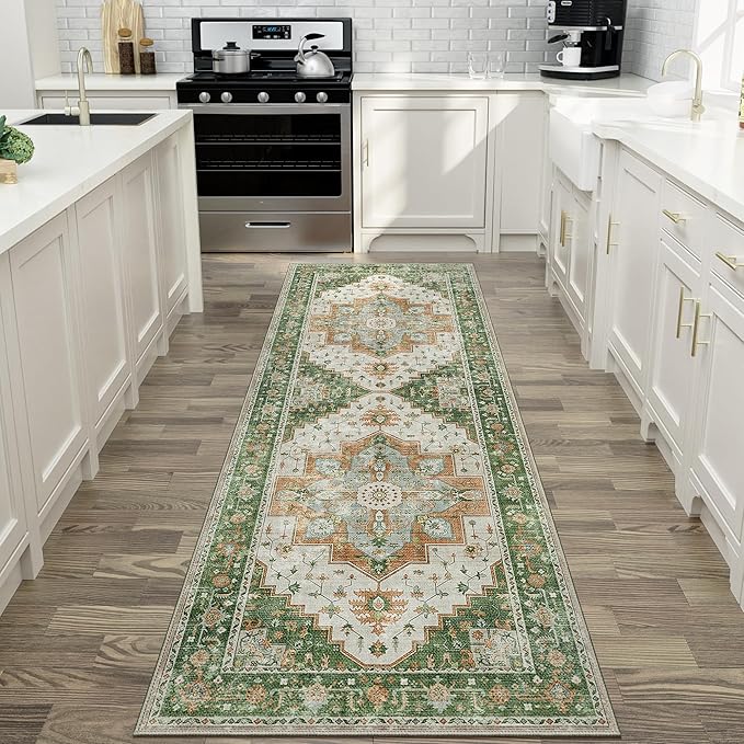 2X10 Area Rugs Machine Washable Runner Rugs for Living Room, Vintage Boho Rugs for Bedroom Dining Room, Non Slip Indoor Soft Distressed Lightweight Thin Low Pile Carpet, Green Brown Blue