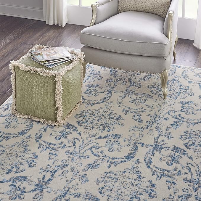 Nourison Jubilant Damask Ivory/Blue 8'6" x 12' Area Rug, Easy Clean, Non Shedding, Bedroom, Living Room, Dining Room, Kitchen