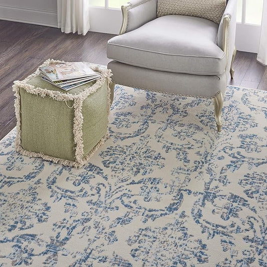 Nourison Jubilant Damask Ivory/Blue 8'6" x 12' Area Rug, Easy Clean, Non Shedding, Bedroom, Living Room, Dining Room, Kitchen