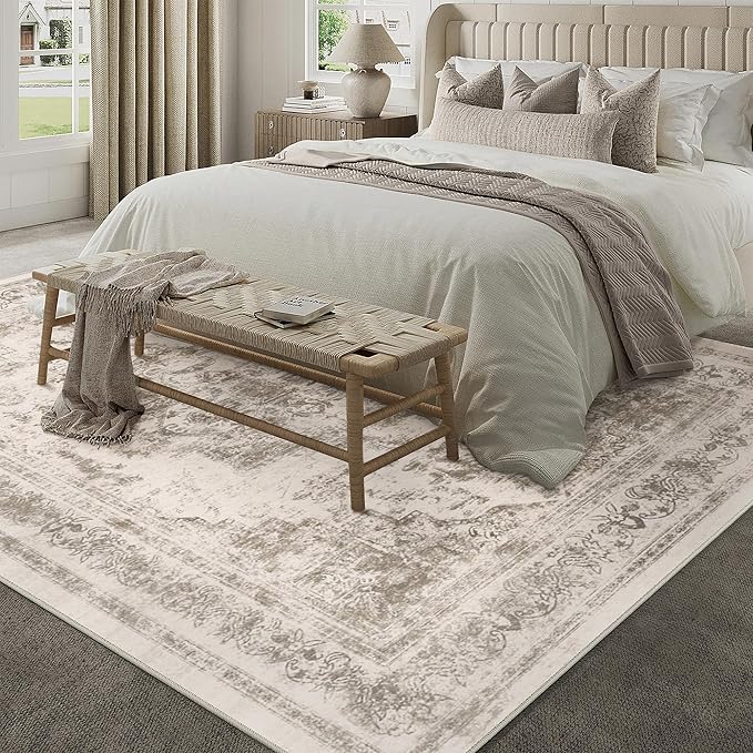 Washable Rug 8x10 Area Rug for Living Room Taupe Vintage Boho Medallion Large Distressed Retro Carpet Non Slip Indoor Low Pile Small Soft Bedroom Dining Room Home Office