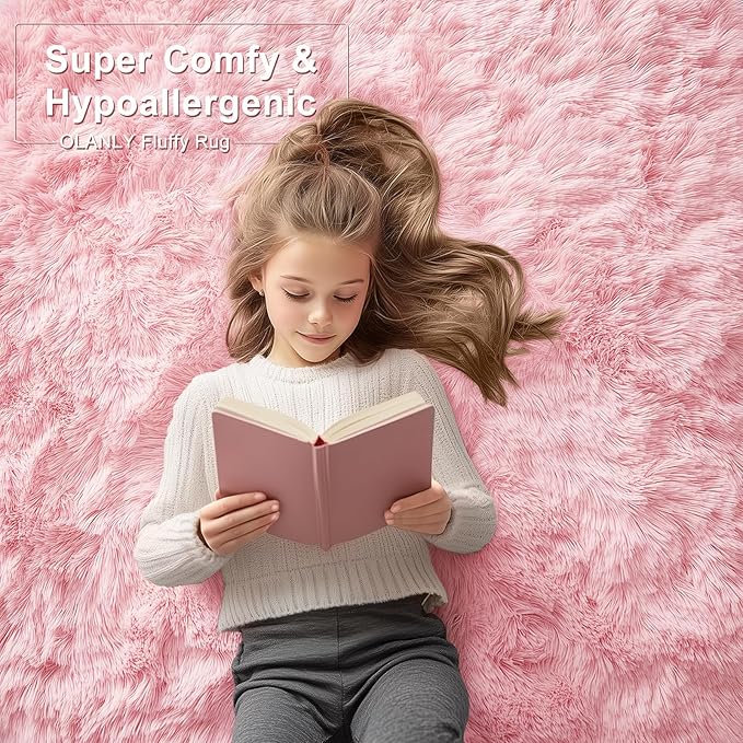OLANLY 2x4 Machine Washable Runner Rugs for Hallway, Soft Fluffy Shaggy Bedside Rugs for Bedroom, Living Room, Indoor Floor Carpet for Kids Girls and Boys, Nursery Rooms, Home Decor Aesthetic, Pink