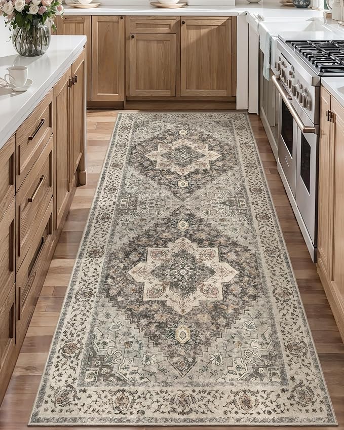 2x6 Washable Runner Rug for Hallways, Non Slip Vintage Runner, Soft Low Pile Long Rug Runner, Print Distressed Brown/Grey Carpet Runners for Kitchen Bedroom Entryway Bathroom Living Room