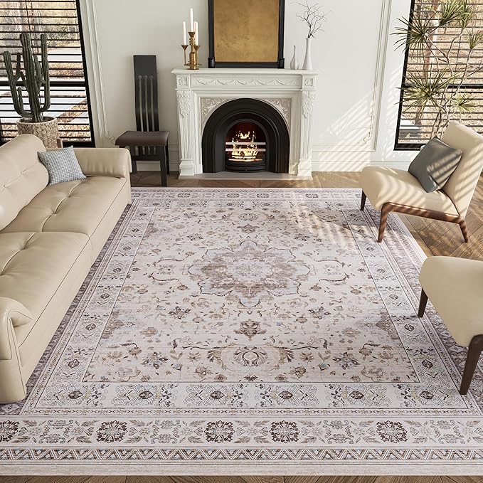 8x10 Rug, Washable Neutral Boho Modern Vintage Non Slip Floral Area Rugs, Low Pile Soft Rugs, Area Rugs, Slip Resistance Carpet, Pet-Friendly Carpet, Durable Rug for Living Room, Bedroom