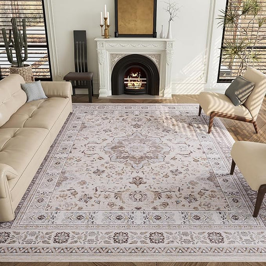 8x10 Rug, Washable Neutral Boho Modern Vintage Non Slip Floral Area Rugs, Low Pile Soft Rugs, Area Rugs, Slip Resistance Carpet, Pet-Friendly Carpet, Durable Rug for Living Room, Bedroom