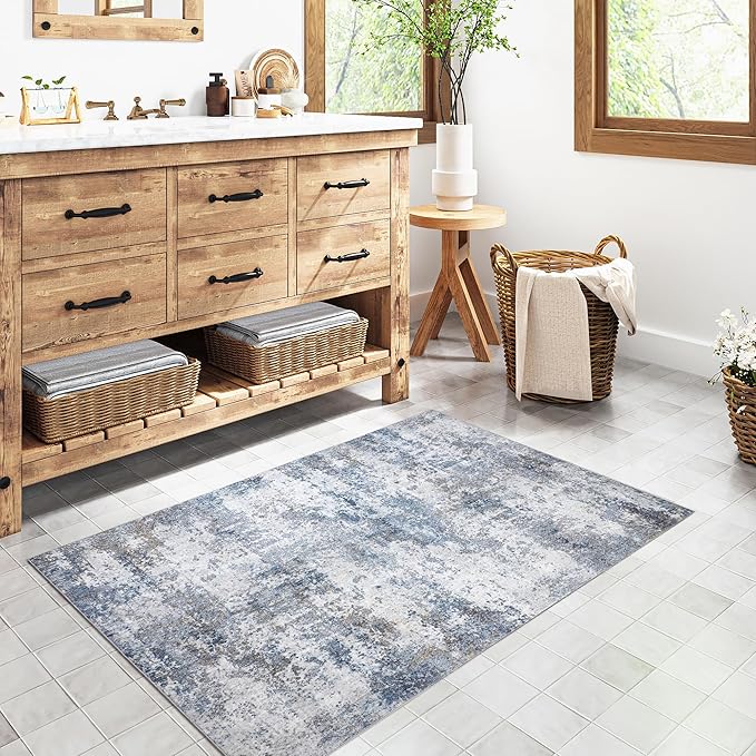 3x5 Washable Rug Grey Blue Entryway Rugs Hallway Area Rug Indoor Accent Rug Abstract Non Slip Low Pile Carpet Distressed Throw Rugs for Bedroom Living Office Dining Kitchen