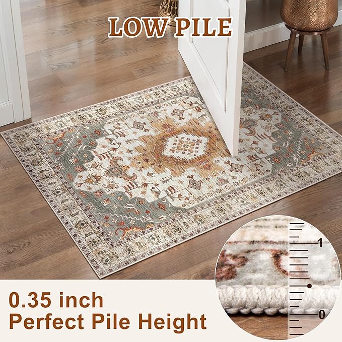 2x10 Vintage Floral Geometric Runner Rug, Turmeric & Multicolor, Machine Made, Non-Slip, Washable, 0.35 Inch Pile, Rectangular, Indoor, Entryway & Living Room