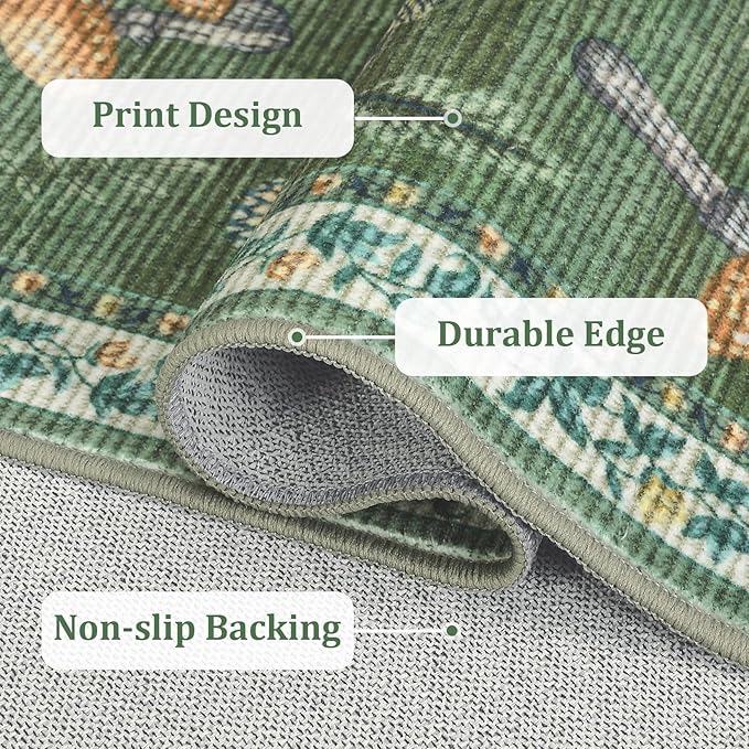 2.5x10 Runner Rug for Hallway Washable Kitchen Rugs Non Slip with Rubber Back Mushroom Soft Low-Pile Stain Resistant Foldable Indoor Carpet for Entryway Laundry Room Floor Mats Green