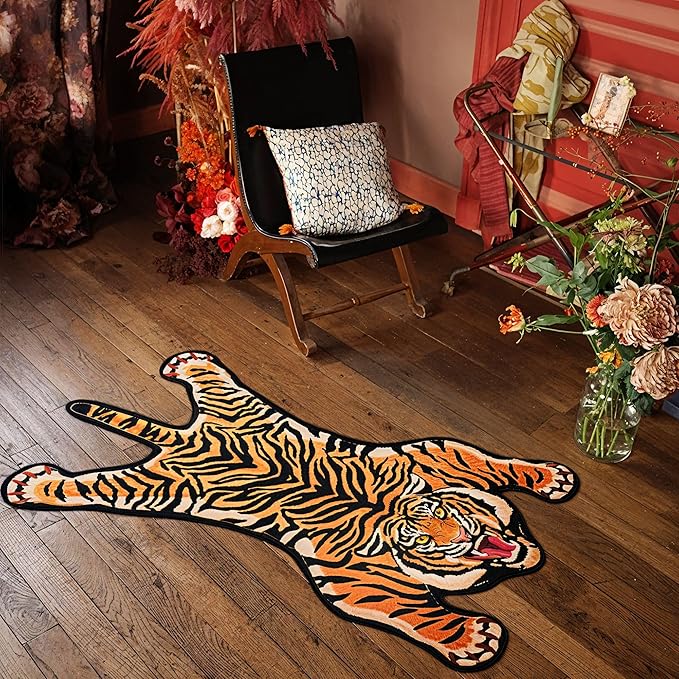 Tiger Printed Skin Area Rugs, Non- Slip Rug for Bathroom, Tiger Door Mat, Machine Washable Carpet for Bed Room 01