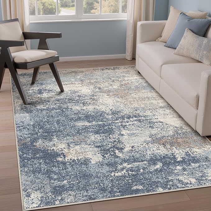 4x6 Washable Rug Dark Blue Entryway Rugs Hallway Area Rug Indoor Abstract Non Slip Low Pile Carpet Distressed Throw Rugs for Bedroom Living Office Dining Kitchen
