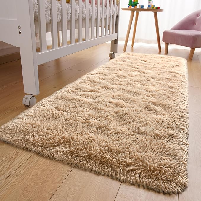 YJ.GWL Fluffy Runner Rugs for Bedroom Living Room Soft Shag Rug 2x6 Feet, Beige Plush Carpet Non Slip for Nursery Dorm, Fuzzy Bedside Rug for Kids Boys Room Home Decor