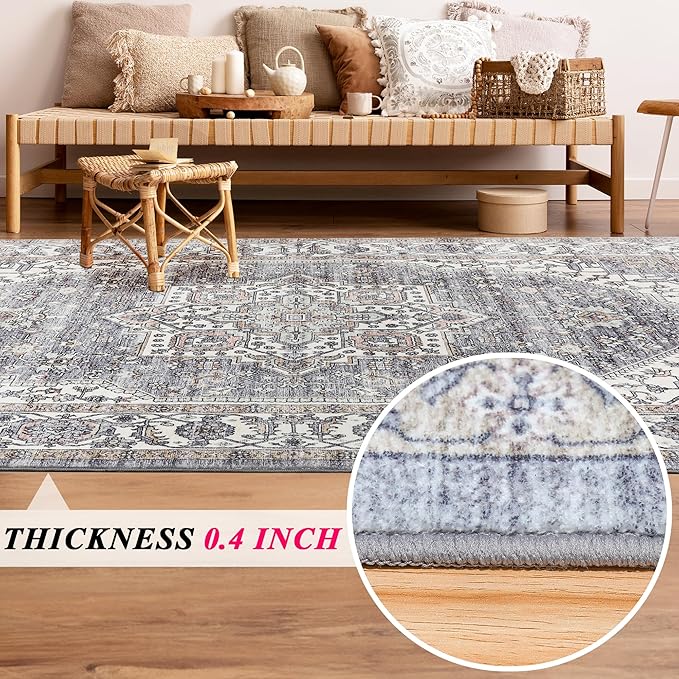 Vintage Area Rug, 4x6 Washable Rugs for Living Room Bedroom Entryway Indoor Door mat, Distressed Boho Country Accent Rugs, Thin Low-Pile Floor Carpet for Kids Pet (Brown)
