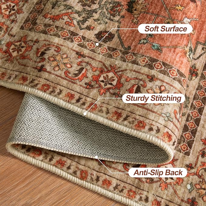 Boho Runner Rug, 2x6 Washable Runner Rugs for Hallways, Non Slip Vintage, Soft Low Pile Long Rug,Distressed Terracotta Oriental Carpet Runners for Kitchen Bedroom Entryway Living Room