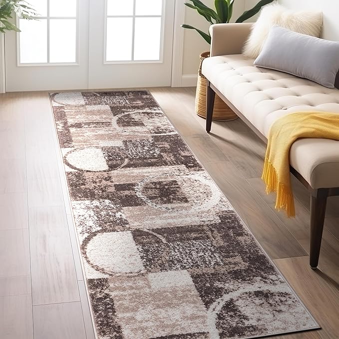 Rugshop Contemporary Abstract Circle Design Soft Runner Rug 2' x 7'2" Brown