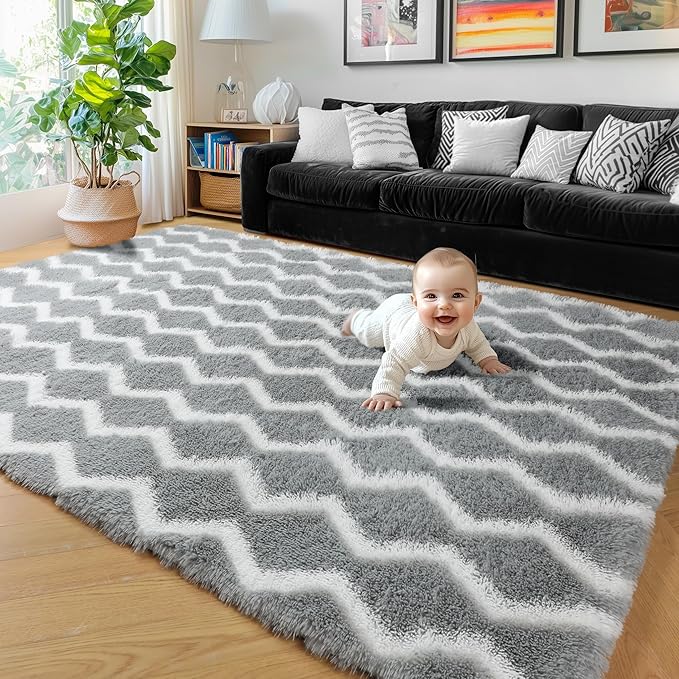 RUGTUDER Area Rug for Living Room, 5x8 Washable Fluffy Fuzzy Rugs for Bedroom, Non Slip Soft Plush Shaggy Large Chevron Zigzag Rug for Nursery Kids Room Office Playroom Classroom, Light Grey and White