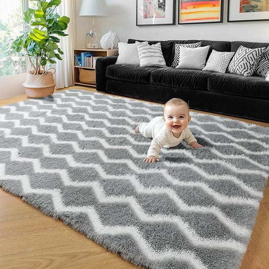 RUGTUDER Area Rug for Living Room, 5x8 Washable Fluffy Fuzzy Rugs for Bedroom, Non Slip Soft Plush Shaggy Large Chevron Zigzag Rug for Nursery Kids Room Office Playroom Classroom, Light Grey and White