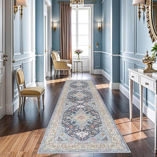 3x10 Non Slip Runner Rug - Oriental Washable Carpet with Rubber Backing for High Traffic Areas - Low Pile Farmhouse Entryway Mat - 3'x10' Blue/Beige/Multi
