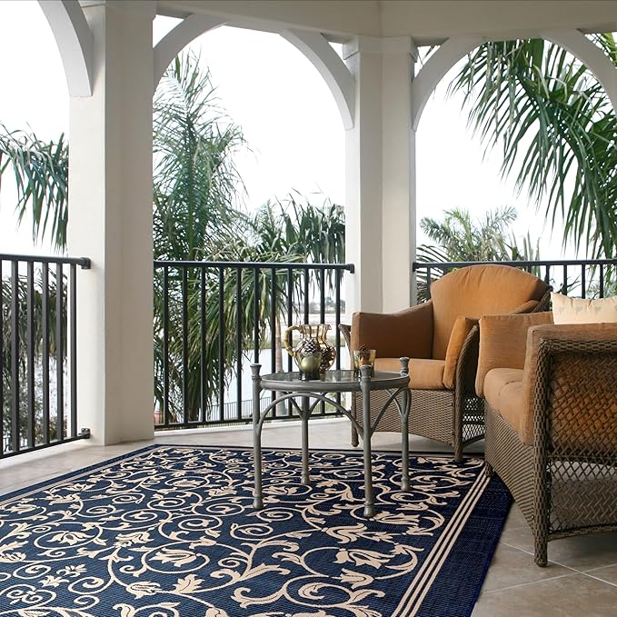 SAFAVIEH Courtyard Collection Area Rug - 9' x 12', Navy & Beige, Scroll Design, Non-Shedding & Easy Care, Indoor/Outdoor & Washable-Ideal for Patio, Backyard, Mudroom (CY2098-268)