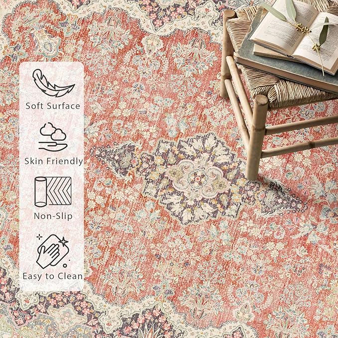 Boho Rug 3x5 Area Rugs, Washable Vintage Rug for Bedroom Living Room Kitchen Office Laundry Room, Non Slip Small Soft Rugs Retro Distressed Floor Carpet, Red Grey