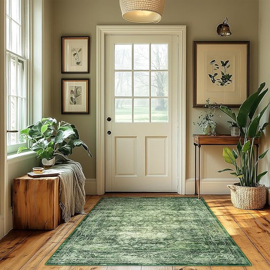 4x6 ft Green Area Rug, Washable Non-Slip Indoor/Outdoor Patio, Kitchen, Entryway, Office, Boho Kids Rug, Runner Rug for Living Room & Hallway