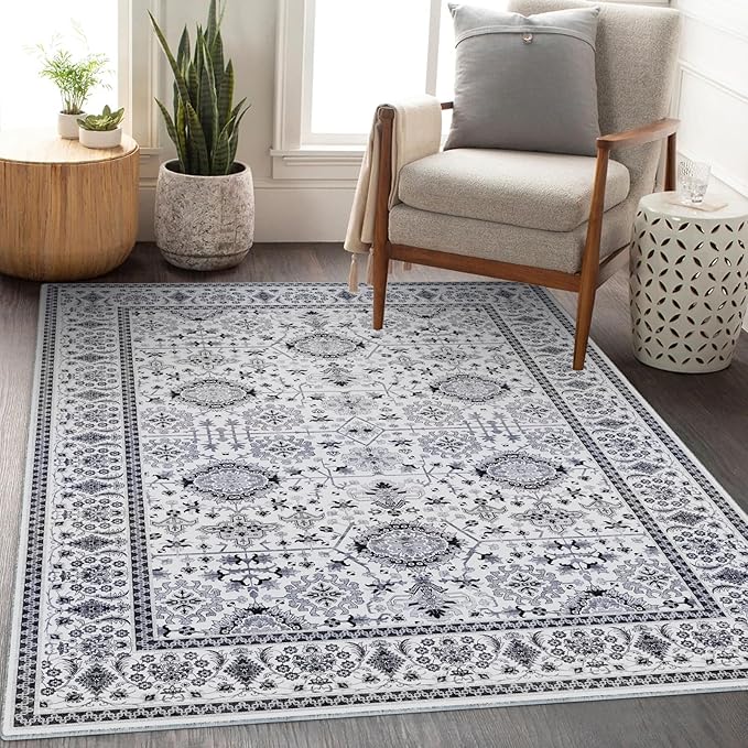 Washable Area Rug 4x6 Non-Slip, Boho Rugs for Living Room Decor，Indoor Mat for Front Porch, Kitchen, Laundry Room, Bathroom, Gray
