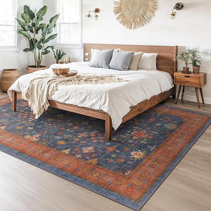 Washable Navy Blue Living Room Rug, 8x10 Area Rug For Bedroom, Dining Room Rugs for Under Table - Low Pile Non-Slip Rubber Backing Stain Resistant Rug - Aethestic Boho Home Decor (8x10 Navy Blue)
