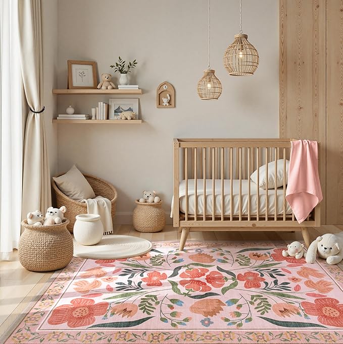 Beige Boho Washable Area Rug 5x7, Floral Soft Non Slip Kids Rugs for Bedroom, Ultra-Thin Colorful Living Room Carpet, Farmhouse Botanical Carpet for Nursery Playroom (5x7ft,Beige)