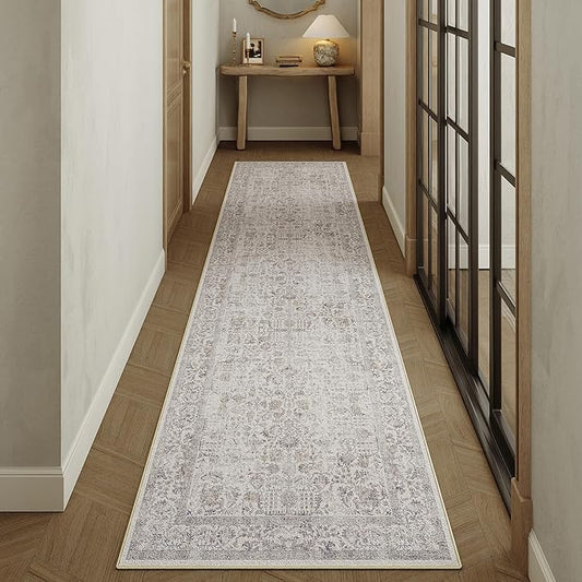Taupe Runner Rug 3x12 Hallway Machine Washable Kitchen Vintage Distressed Non Slip Long Carpet Indoor Retro Floral Bedroom Accent Throw Rug for Bathroom Office Laundry Dining Living Room