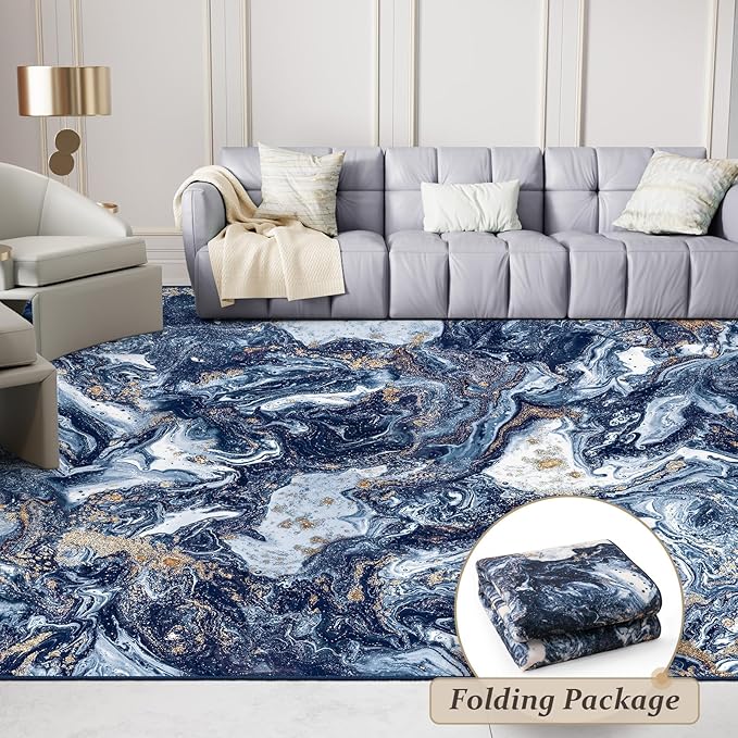Washable Area Rug 9x12 - Artistic Style Modern Rug for Living Room Bedroom Dining Room, Soft Low Pile Machine Washable Carpet, Non Slip Non Shedding Area Rug - Dark Blue/Gold, 9'x12'