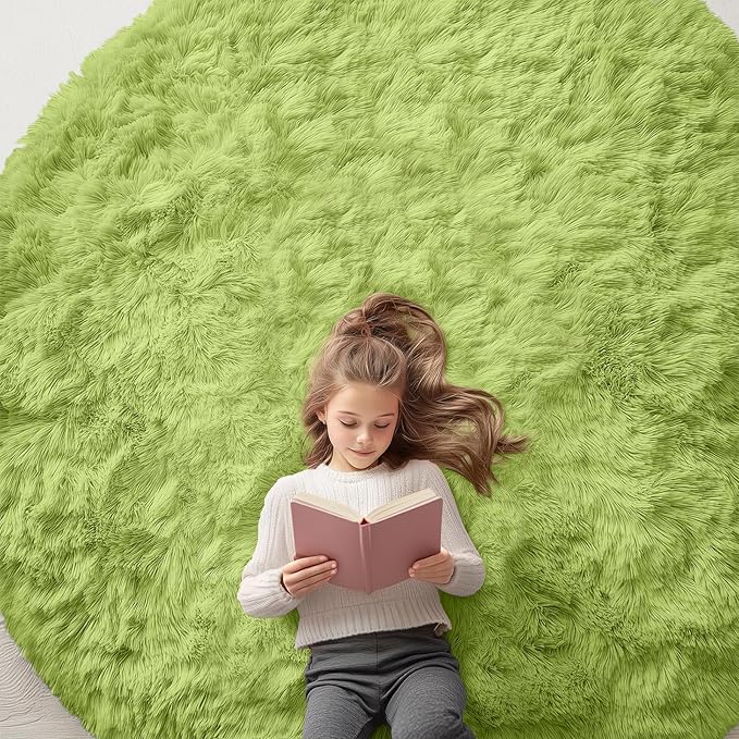 OLANLY Grass Green Round Rugs for Bedroom - Machine Washable, 7x7 Feet Circle Area Rugs for Living Room, Soft Fluffy Shaggy Carpet for Teen Girls and Boys, Dorms, Nursery Rooms, Home Decor Aesthetic