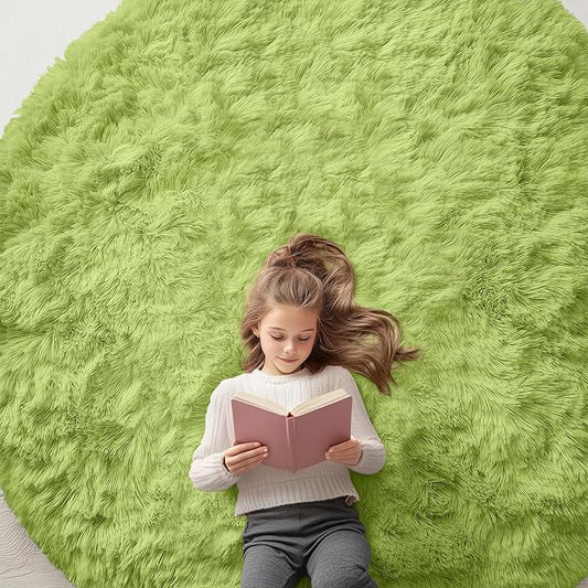 OLANLY Grass Green Round Rugs for Bedroom - Machine Washable, 7x7 Feet Circle Area Rugs for Living Room, Soft Fluffy Shaggy Carpet for Teen Girls and Boys, Dorms, Nursery Rooms, Home Decor Aesthetic