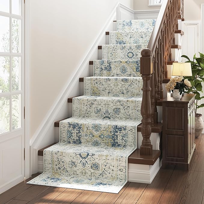 jinchan Runner Rug 2x7 Hallway Rug Kitchen Washable Runner Vintage Mat Retro Lightweight Non-Slip Floor Cover Distressed Thin Carpet for Entryway Bathroom Bedroom Laundry Room Stairway Light Blue