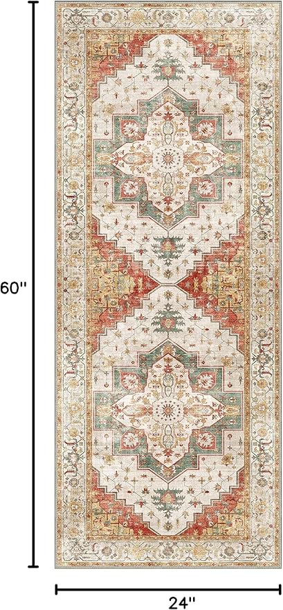 2X5 Area Rugs Machine Washable Runner Rugs for Living Room, Vintage Boho Rugs for Bedroom Dining Room, Non Slip Indoor Soft Distressed Lightweight Thin Low Pile Carpet, Yellow Slate Green