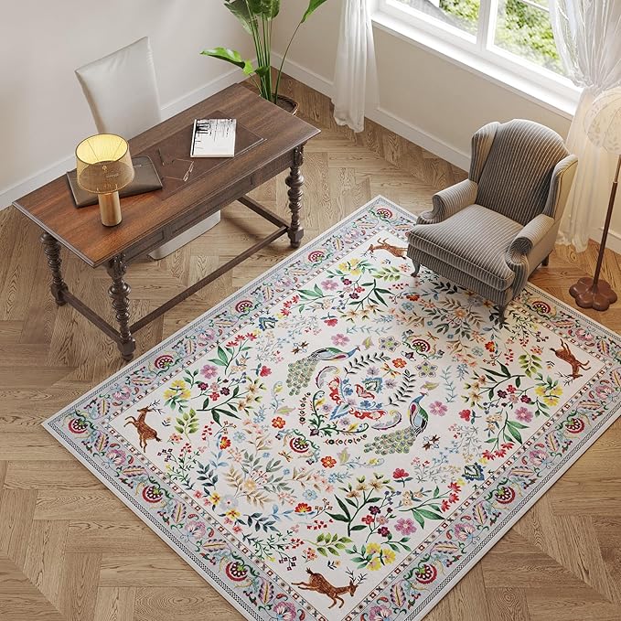 3x5 Rug Washable Area Rug Floral Office Rug Non Slip Small Carpet for Bedroom, Bedside, Kitchen, Entryway, Kids Room, Office(Colorful)