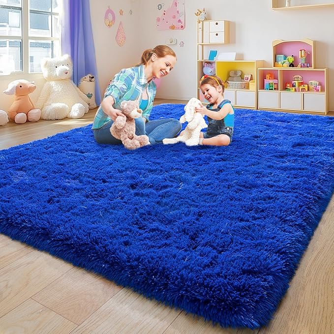 6x9 Fluffy Fuzzy Area Rug for Living Room Bedroom, Ultra Soft Large Living Room Rugs, Non Slip Thick Shag Rug for Dorm, Kids Girls Boys Rug for Home Decor Aesthetic, Bright Blue
