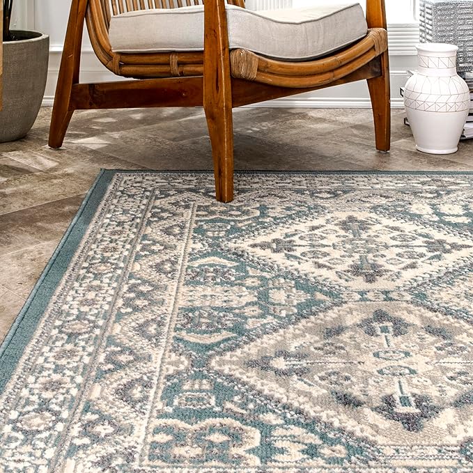 nuLOOM 8' Round Becca Traditional Tiled Area Rug, Becca Blue, Faded Transitional Design, Stain Resistant, for Bedroom, Dining Room, Living Room, Hallway, Office, Kitchen, Entryway