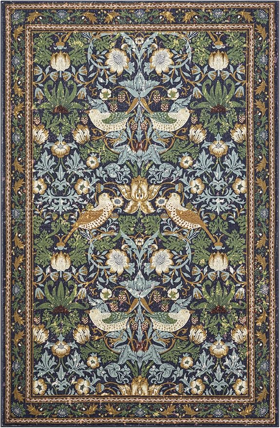 Strawberry Thief Area Rug Dark Green, Ultra Thin 5x7 Washable Rug, Modern Abstract Indoor Entryway Rug, Boho Vintage Floral Forest Botanical Accent Carpet for Bedroom Kitchen Dining Living Room