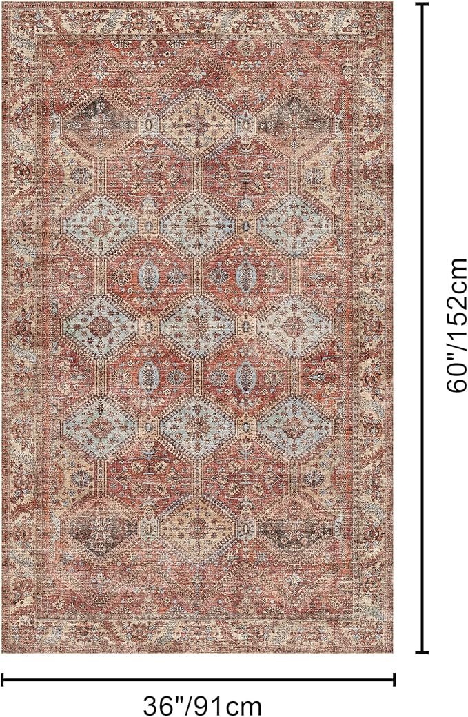 Bavni 3x5 Area Rugs for Living Room, Machine Washable Rug Non Slip, Vintage Chenille Distressed Print Carpet, Large Low Pile Ultra-Thin Lightweight Rugs for Bedroom, Dining Room, Office, Spice Sky