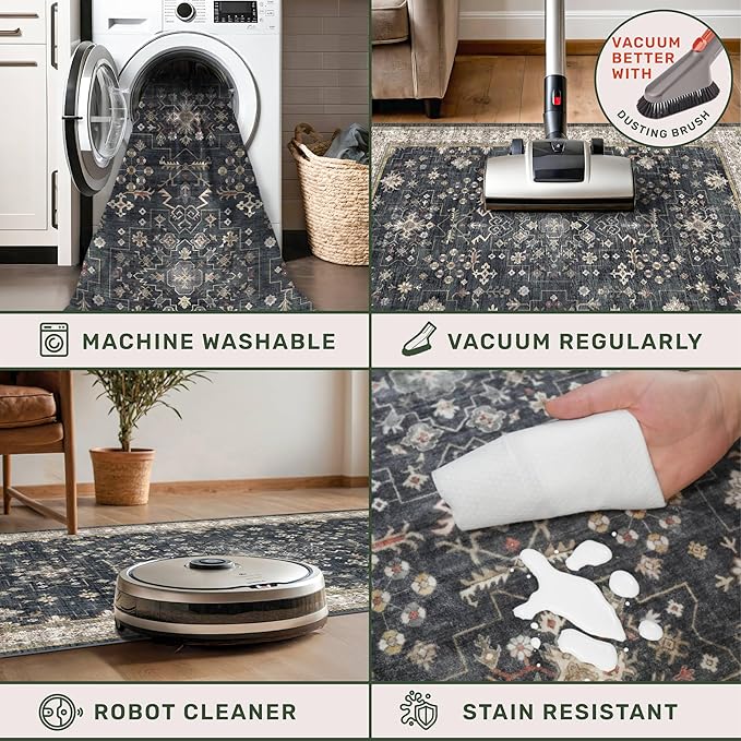 Black Entryway 2x5 Runner Rug, Small Throw Runners for Kitchen Bedroom Bathroom Laundry Room, Vintage Floral Decor & Non-Slip Low-Pile Washable Stain Resistant, Dark Ashen Charcoal