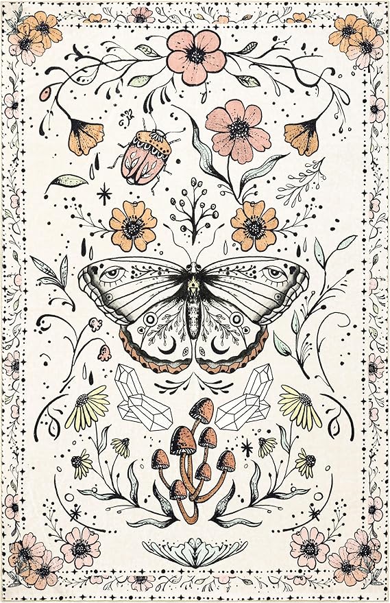 Vintage Floral Rugs, Ultra Thin Light Weight 5x7 Area Rugs Washable, Cute Retro Boho Botanical Area Rug for Bedroom Kitchen Dining Living Room Entryway Hippie Witchcraft Accent Indoor Floor Carpet