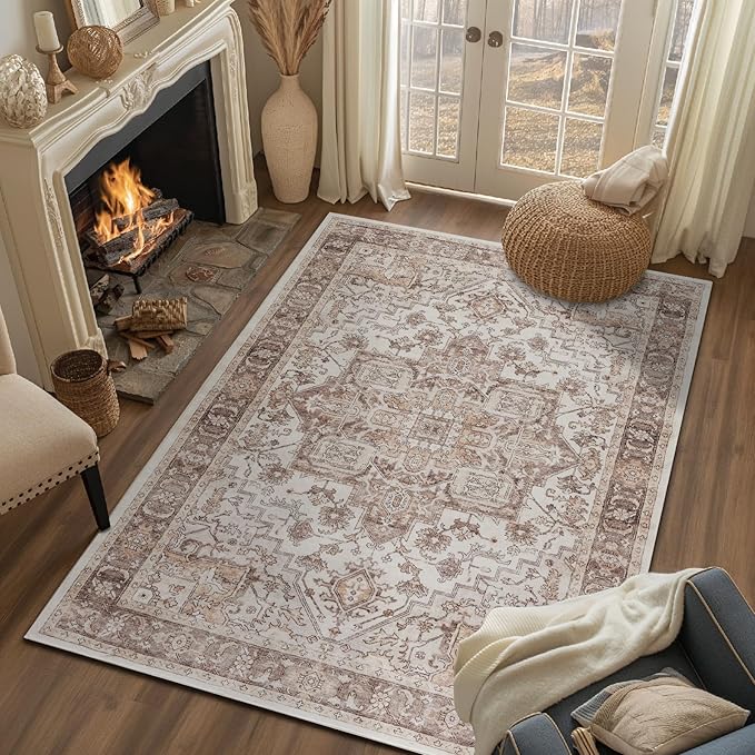jinchan Area Rug 4x6 Washable Soft Thin Vintage Low Pile Non Slip Distressed Carpet Indoor Oriental Medallion Rug for Bedside Bathroom Bedroom Laundry Room Dining Room Taupe Multi