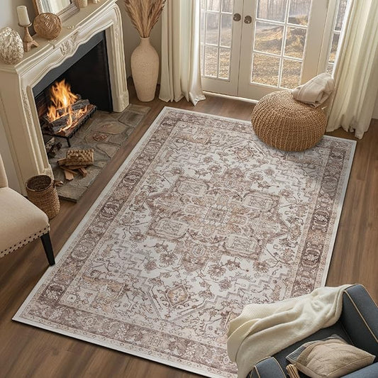 jinchan Area Rug 4x6 Washable Soft Thin Vintage Low Pile Non Slip Distressed Carpet Indoor Oriental Medallion Rug for Bedside Bathroom Bedroom Laundry Room Dining Room Taupe Multi