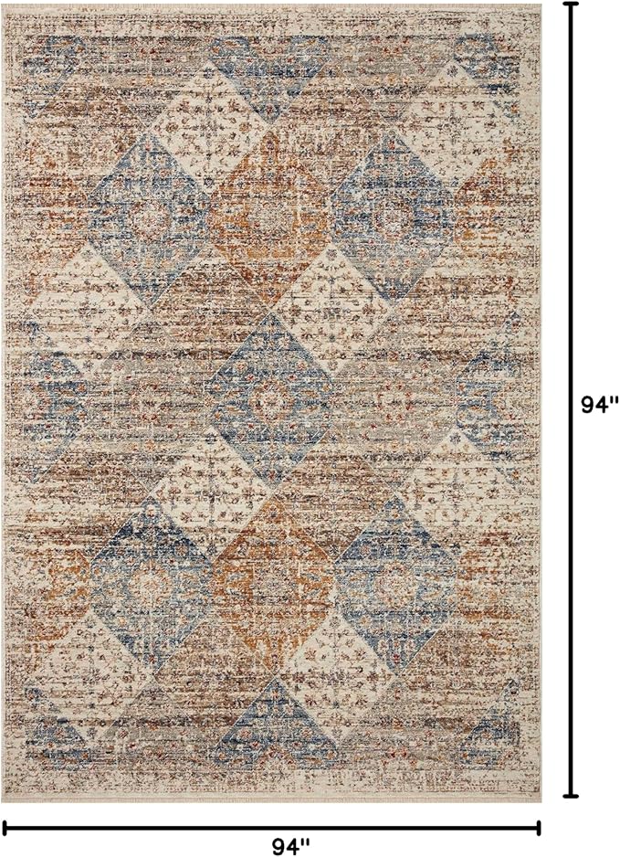 Loloi Sorrento Collection 7'-10" x 7'-10" Round Accent Rug in Ivory/Multi - Vintage Inspired Patterned Area Rug, Unique Area Rug for Living Room, Bedroom, Dining Area